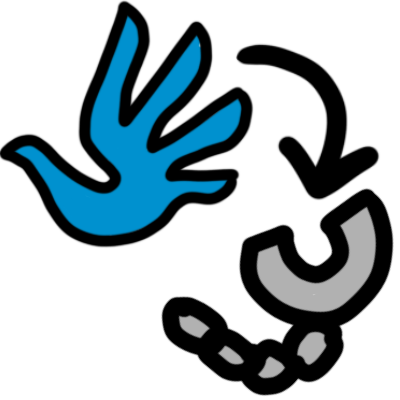the human rights emblem (a blue handprint shaped like a dove) with an open manacle below it. an arrow points from the human rights emblem to the manacle.